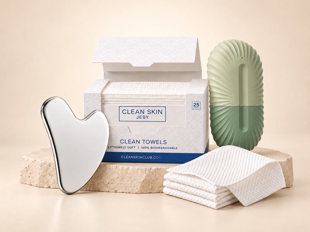 Nolera Glow Routine Bundle with face towels, stainless steel gua sha and sage facial ice roller