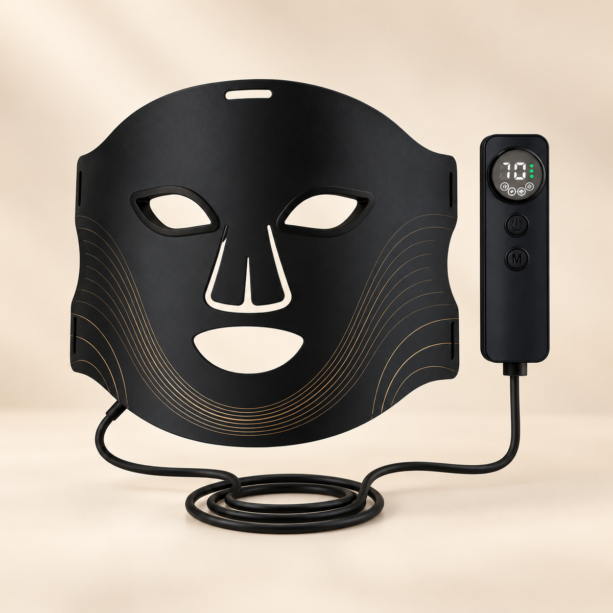 Nolera 7-Color LED Face Mask with handheld controller on a warm ivory background