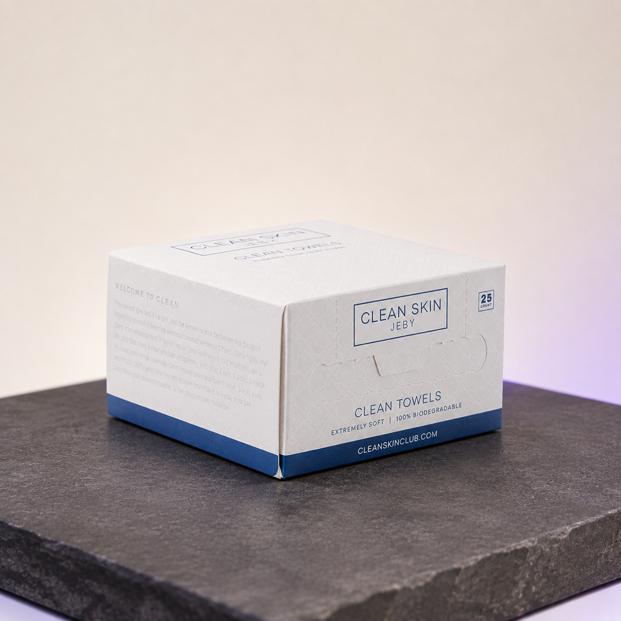 Clean Towels 25-count box on a charcoal stone surface