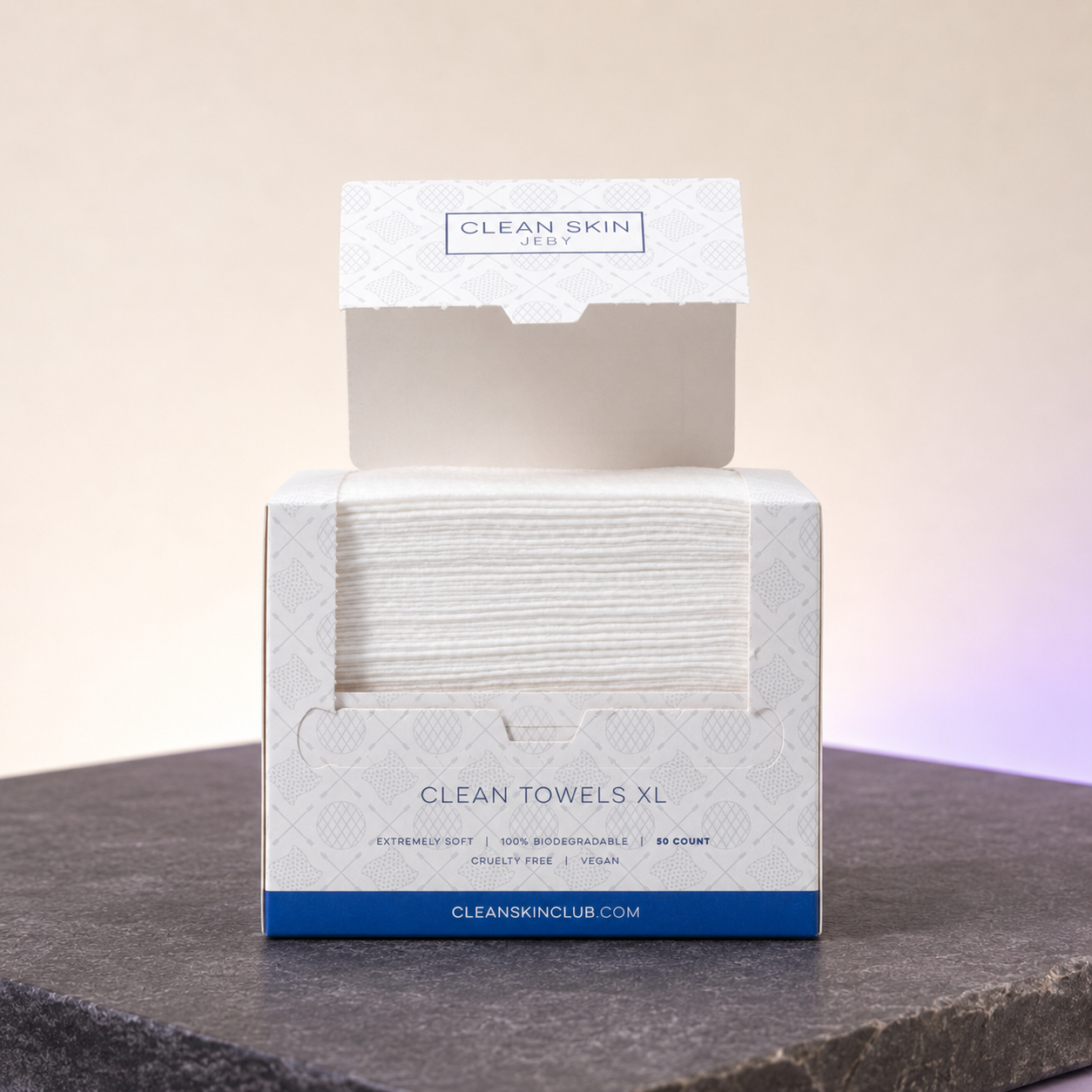Open Clean Towels 50-count box with visible soft white towels