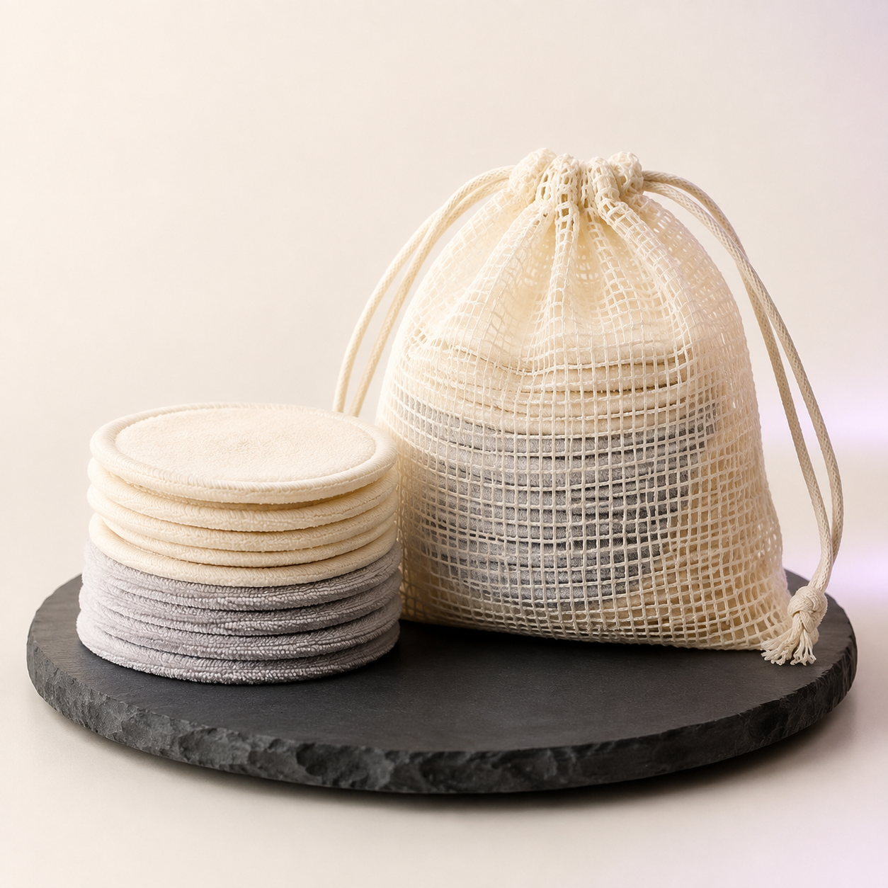 Ivory and gray reusable cleansing rounds with mesh wash bag
