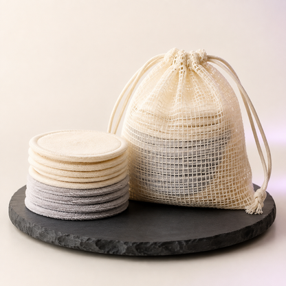 Ivory and gray reusable cleansing rounds with mesh wash bag