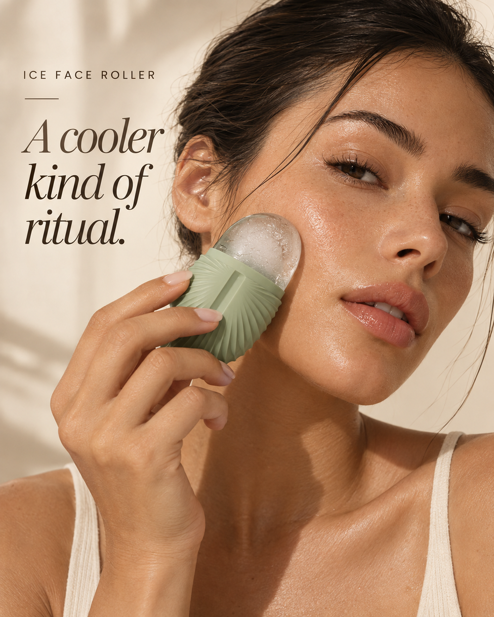 Model using the sage Chill Cube facial ice roller