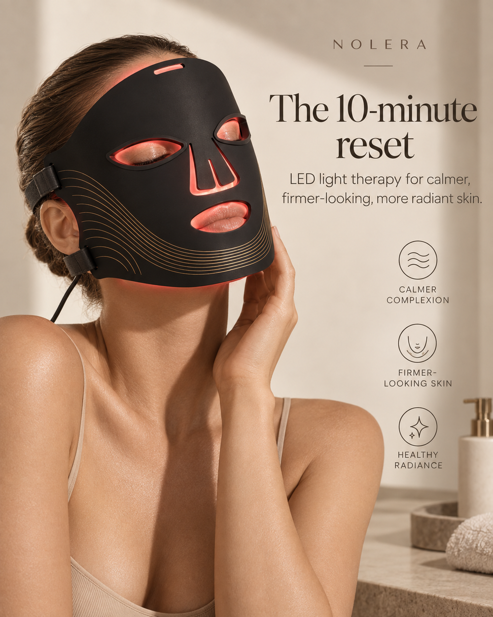 Model wearing a black LED face mask