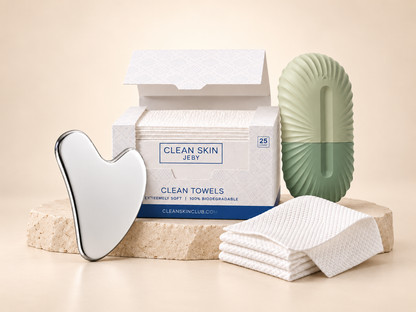 Nolera Glow Routine Bundle with face towels, stainless steel gua sha and sage facial ice roller