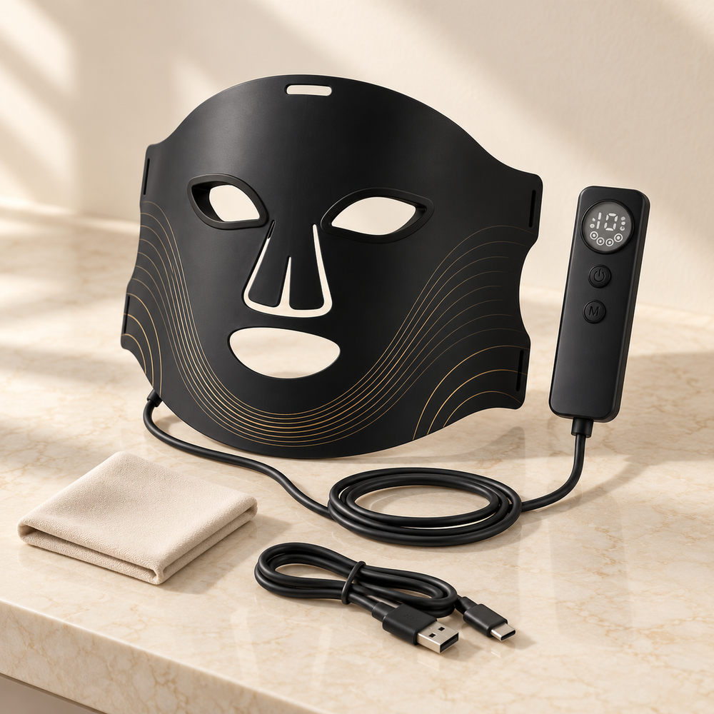 Nolera 7-Color LED Face Mask, controller, charging cable, and care cloth