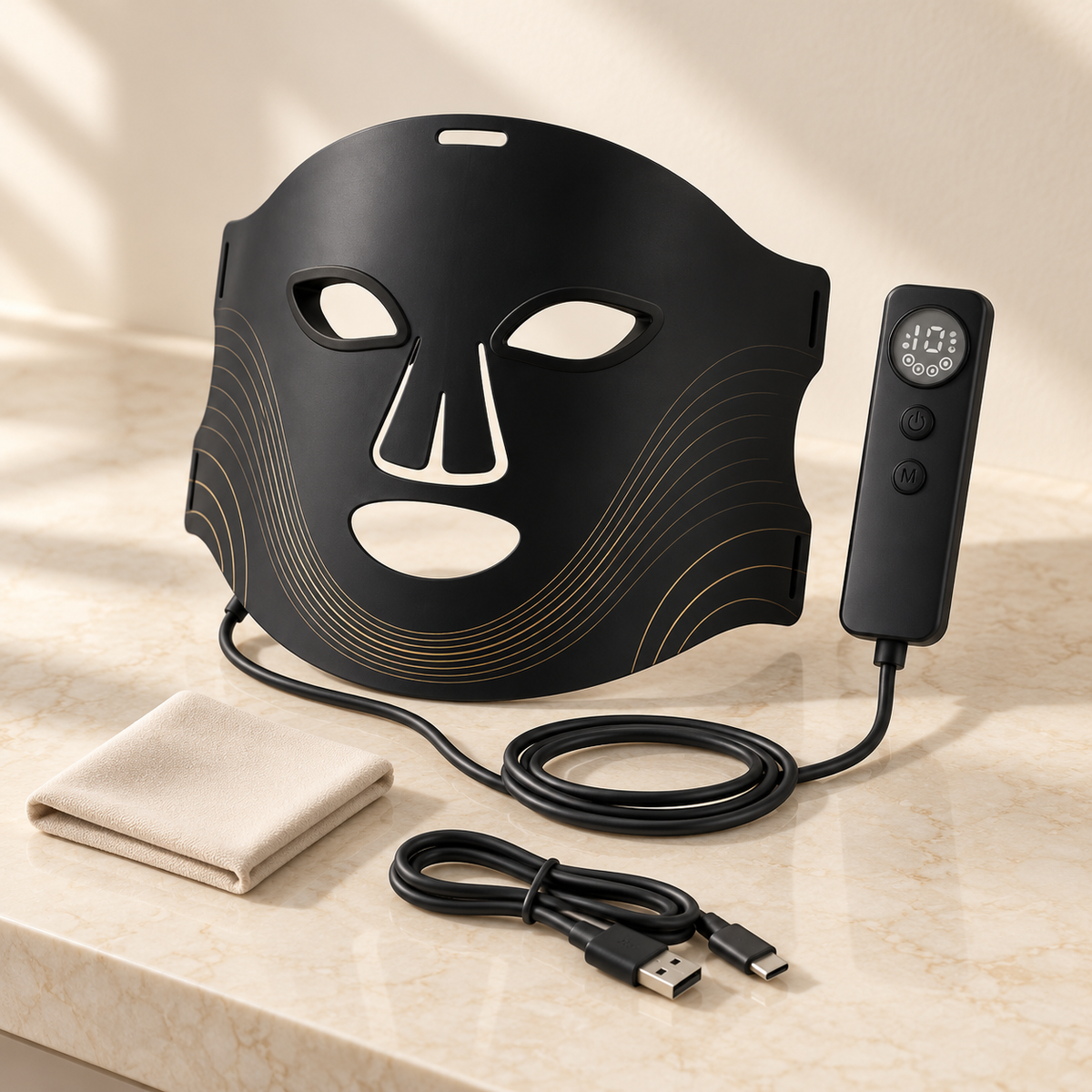 Nolera 7-Color LED Face Mask, controller, charging cable, and care cloth