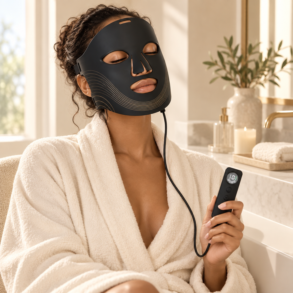 Woman wearing the Nolera 7-Color LED Face Mask during a calm skincare routine