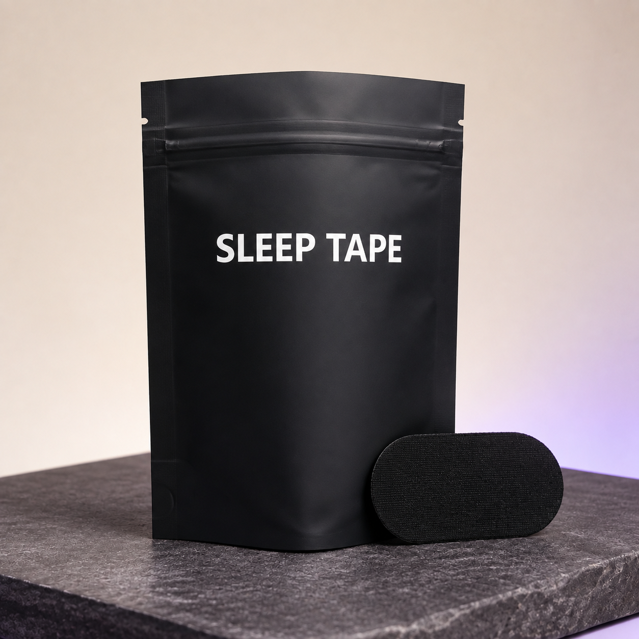Black Sleep Tape pouch with one black rounded mouth tape strip