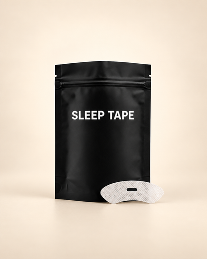 Sleep Tape pouch with one breathable strip on a warm ivory studio background