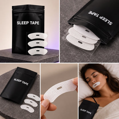 Sleep Tape pouch with breathable strips, close-up detail, and nighttime lifestyle view